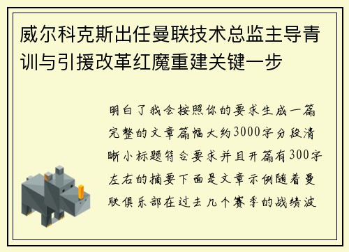 威尔科克斯出任曼联技术总监主导青训与引援改革红魔重建关键一步 威尔科克斯出任曼联技术总监主导青训与引援改革红魔重建关键一步